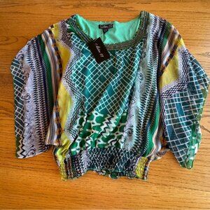 Metro 22 Tunic Top Women 1X Embellished Sheer Lined Green Geometric Short Sleeve